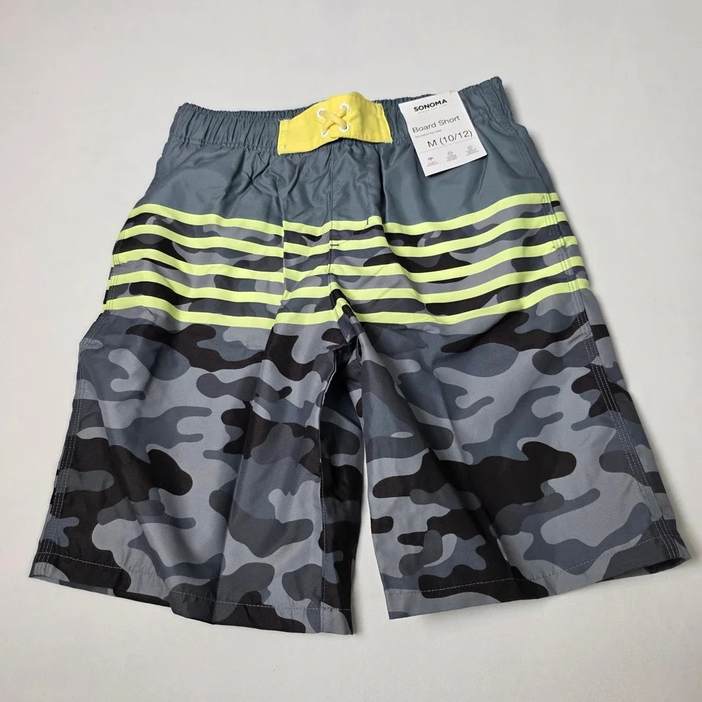 Sonoma Board Shorts Boys M 10/12 Gray‎ Camo Neon Yellow Striped Swim Trunks
